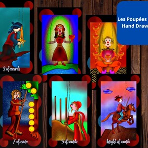 Nuovo mazzo di tarocchi Les Poupées De Tarot, unico nel suo genere, disegnato a mano su un iPad, Arcani Maggiori e Minori, carte laminate fatte a mano, opere d'arte originali.