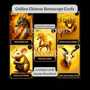 Téléchargement immédiat de 12 cartes, jeu du zodiaque chinois - imprimables dorés, symboles astrologiques, impression à la maison, bricolage, astrologie, oracles, cadeau