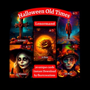 Instant download afdrukbare kaarten, Halloween Old Times: vintage Lenormand-deck, thuis afdrukken, Lenormand-lezers, doe-het-zelf, perfect handgemaakt cadeau
