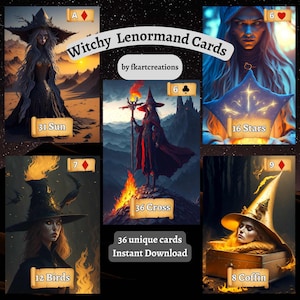Instant digitale download Lenormand-deck met heksenthema omarmen vintage duisternis, orakels, afdrukbare bestanden, thuis afdrukken, doe-het-zelf, tarotlezers