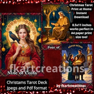 Baraja de tarot navideña de 78 cartas, para imprimir en formato digital, para descargar, con plantillas de caja y tapa, en alta resolución, en PDF y JPEG, para lectores de tarot y oráculos, regalo personalizado