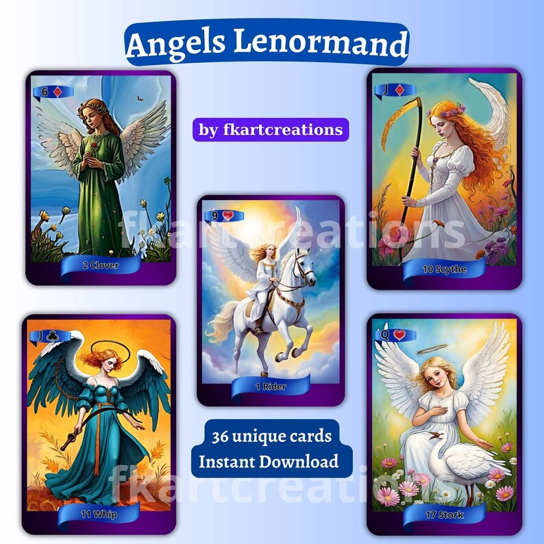 Op de afbeelding: Een set van 36 unieke Lenormand-kaarten met engelen met vleugels. De kaarten zijn ge&iuml;llustreerd met engelen in verschillende poses en omgevingen. De kaarten zijn getiteld "Angels Lenormand" en zijn van "fkartcreations".