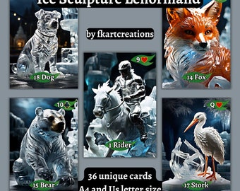 Peut inclure: Un jeu de 36 cartes de Lenormand uniques représentant des sculptures de glace de différents animaux et personnages. Les cartes sont imprimées avec les numéros et symboles traditionnels des cartes de Lenormand. Les cartes sont conçues pour être utilisées en divination et en prédiction.