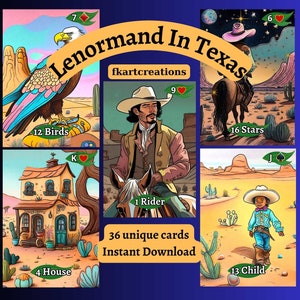Kaarten direct downloaden, ga op een Texaans avontuur met My Lenormand-deck, cartoon en komisch esthetiek, thuis afdrukken, doe-het-zelf, Lenormand-lezers