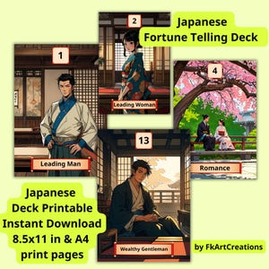 Instant Donwload Japans waarzeggerij dek afdrukbare 39 kaarten 14 pagina's 8,5 x 11" en A4 jpeg's en pdf, thuis afdrukken, orakels, tarotlezers