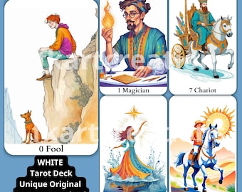 Op de afbeelding: Een set van 10 tarotkaarten met kleurrijke illustraties van de Dwaas, Tovenaar, Wagen, Ster en Zon. De kaarten maken deel uit van een wit Tarotdeck, dat uniek en origineel is. De kaarten zijn beschikbaar voor directe download als JPEG's en PDF's om te printen.