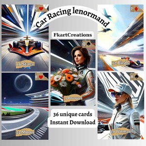 Cartes imprimables à téléchargement immédiat, vitesse et élégance : présentation du jeu de cartes Lenormand « Course de voitures », à imprimer à la maison, uniques, DIY, Oracles