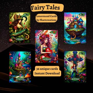 Kaarten direct downloaden, sprookjes Lenormand: betoverend en grillig kaartspel, orakels, thuis afdrukken, doe-het-zelf, Lenormand-lezers, feeën vieren!