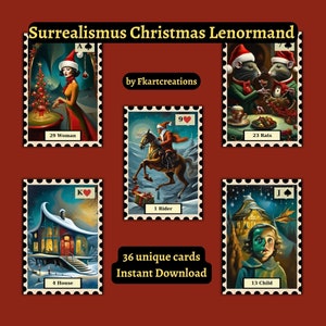 Imprima em casa The Surrealismus Christmas Lenormand Deck Download instantâneo, 36 cartões festivos de férias para impressão, arte de inspiração surreal, oráculos, faça você mesmo