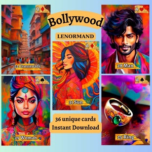 Baixe instantaneamente cartões Lenormand, entre no mundo colorido de Bollywood: descubra este baralho Lenormand de pintura exclusivo, imprima em casa, faça você mesmo