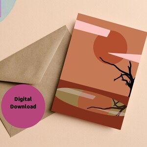 Druckbare sofortiger Download-Gruß, der Karte-Wüsten-Baum-See-einzigartige Hand gezeichnete Kunst-leeres Innere wünscht, um Ihre Wünsche-Geschenk-Karte zu schreiben