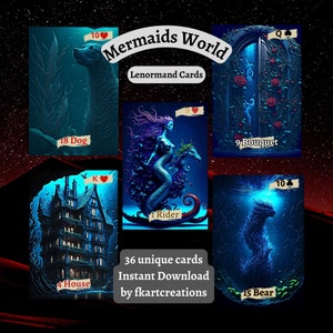 Tarjetas para descargar e imprimir al instante, baraja de Lenormand de la Sirena Encantadora, descarga digital, 36 cartas divinas del Oráculo para hacer tú mismo, arte único, para imprimir en casa