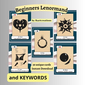 Afdrukbaar Lenormand Deck voor beginners Instant Download Leer Lenormand 36 kaarten met betekenisvolle trefwoorden Handgetekende zeer eenvoudige schetsen DIY