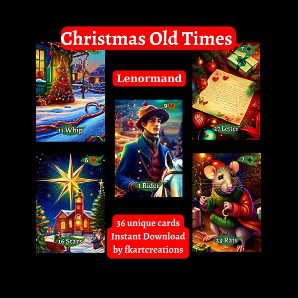 Sofortiger Download druckbarer Karten: Old Times Christmas Lenormand, ein nostalgisches Feiertags-Wahrsagekartendeck, zum Ausdrucken zu Hause, DIY-Geschenk, Lenormand-Leser