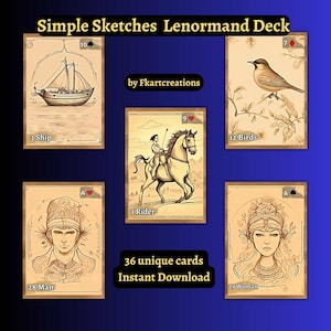 Instand Download eenvoudige Lenormand-kaartschetsen op crème achtergrondpapier Orakel DIY-kaarten Thuis afdrukken Unieke eenvoudige naïeve kunststijl