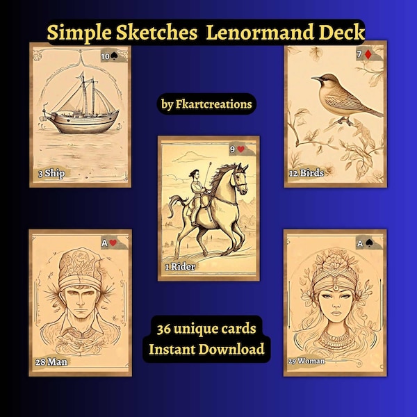 Instand Download Simple Lenormand Card Sketches on Cream Background Paper Oracle DIY Cards Print at Home Unique Simple Naive Art Style Deck