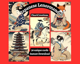 Può includere: Un set di 36 carte Lenormand giapponesi con illustrazioni di scene e personaggi tradizionali giapponesi. Le carte sono progettate con uno sfondo rosso e presentano il testo "Japanese Lenormand" e "FkartCreations".
