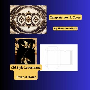 May include: An image featuring a template box and cover design, along with an Old Style Lenormand card design. The designs are in gold and black, with the text "Print at Home". The background is a gradient of blue.