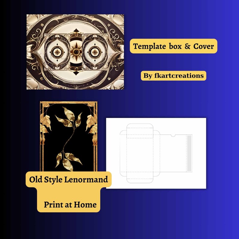 May include: An image featuring a template box and cover design, along with an Old Style Lenormand card design. The designs are in gold and black, with the text "Print at Home". The background is a gradient of blue.