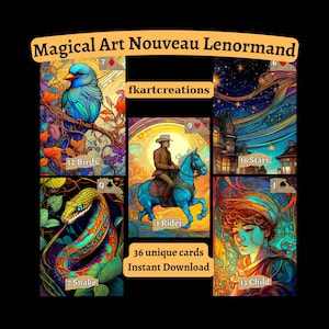 Afdrukbare kaarten direct downloaden Enchanted Visions: magische art nouveau Lenormand vintage elegantie en gedetailleerde waarzeggerij, thuis afdrukken, doe-het-zelf
