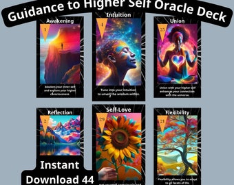 May include: A deck of oracle cards titled "Guidance to Higher Self Oracle Deck." Each card features vibrant artwork and keywords like "Awakening," "Intuition," and "Self-Love." The deck includes 44 unique cards available for instant download.