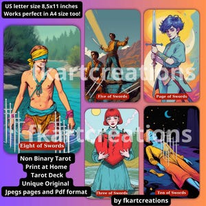 Instant download niet-binair tarotdeck – vintage strip, op jaren 60 geïnspireerde LGBTQ+ diversiteit en trots afdrukbare doe-het-zelf tarotset
