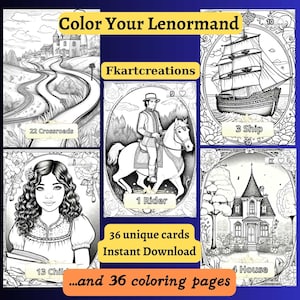 Lenormand Deck Instant Download 36 kleurplaten, kleur je eigen Lenormand Deck, 2 formaten, VS en A4, jpegs en pdf's, 36 kleurkaarten, printables