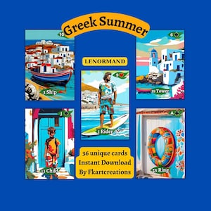 Direct downloaden, dompel je onder in de Griekse zomer: verken de Griekse eilanden van de Cycladen met mijn artistieke Lenormand-deck, thuis afdrukken, DIY