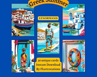 Mazzo di Lenormand greche delle Cicladi: carte artistiche estive (download digitale) Oracoli unici stampabili