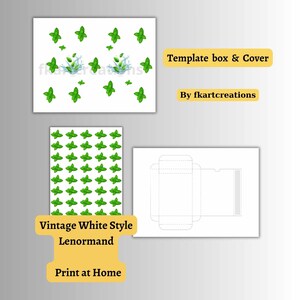 Pu&ograve; includere: Modello stampabile per una scatola e un coperchio con un design Lenormand in stile bianco vintage. Il coperchio presenta un motivo ripetitivo di foglie verdi e il testo "Vintage White Style Lenormand" e "Stampa a casa". Il modello della scatola &egrave; un semplice rettangolo con linee di piegatura.
