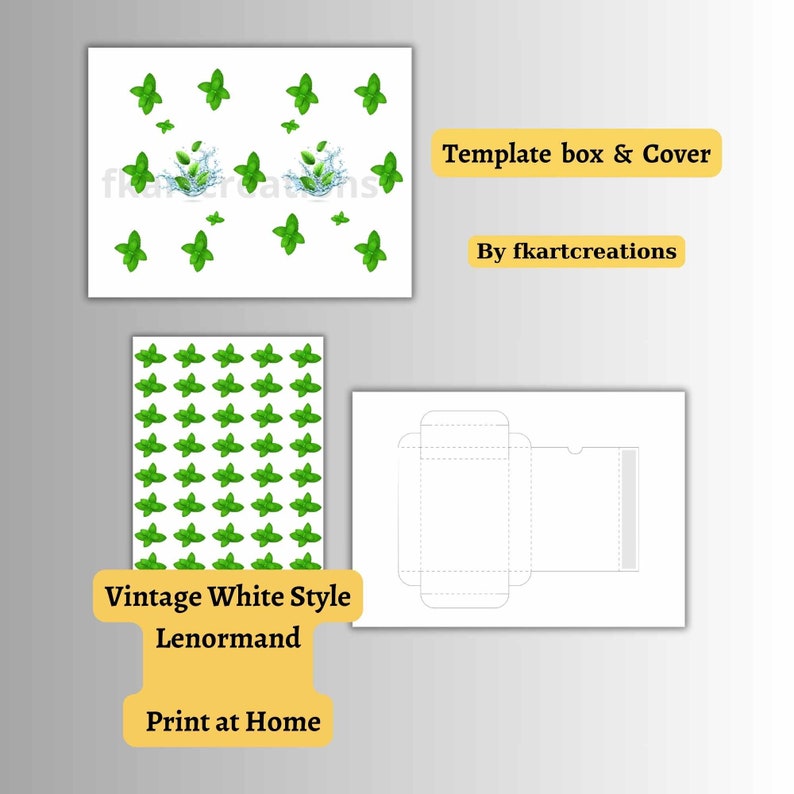 Pu&ograve; includere: Modello stampabile per una scatola e un coperchio con un design Lenormand in stile bianco vintage. Il coperchio presenta un motivo ripetitivo di foglie verdi e il testo "Vintage White Style Lenormand" e "Stampa a casa". Il modello della scatola &egrave; un semplice rettangolo con linee di piegatura.