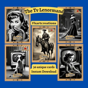 Directe download afdrukbare kaarten Ontdek de jaren 1950 met tv Lenormand Deck Nostalgie in elke retrokaart Black & White Wonders, Oracles, DIY