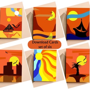 Afdrukbare set van zes unieke kunstwenskaarten Digitale download Bohostijl Thuis afdrukken en beschrijf je wensen DΙΥ Envelopsjabloon inbegrepen