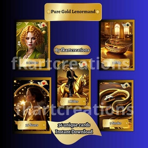 Directe download afdrukbare kaarten, puur gouden lenormanddeck, uniek, thuis afdrukken, kaarten, orakels, gouden esthetiek, perfect doe-het-zelfcadeau