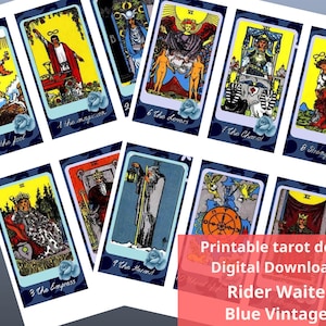 Printable Tarot Deck Rider Waite Blue Patterned Vintage Instant Download Digital Files 78 Tarot Cards New Version Gift For Tarot Readers