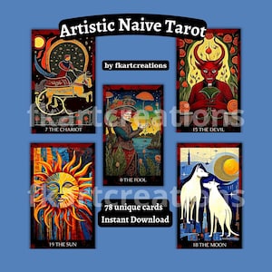 Jeu de tarot artistique naïf à téléchargement numérique instantané pour la maison Impression de cartes uniques avec boîte de rangement Oracles d'art cadeau Cartes à faire soi-même
