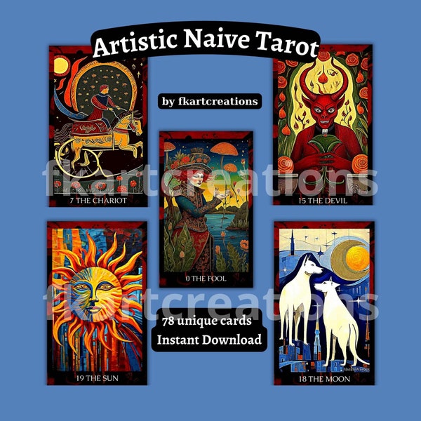 Instant Digital Download Artistic Naive Tarot Downloadable Deck for Home Printing Unique Cards With Tuck Box Art Oracles Gift DIY Cards