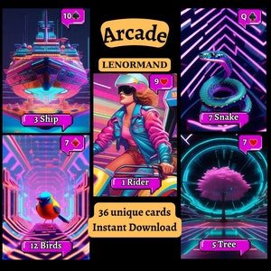 Baixe instantaneamente cartões Lenormand, entre no arcade retrô: descubra meu baralho Lenormand inspirado nos anos 80! Imprimir em casa, faça você mesmo, oráculos, estilo anos 80