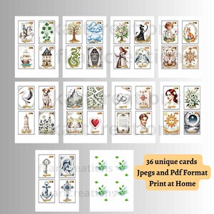 Pu&ograve; includere: 36 carte uniche in formato stampabile. Le carte presentano una variet&agrave; di illustrazioni, tra cui un cavallo bianco, un trifoglio, un albero, un serpente, un teschio, un uccello, un orso, una stella, una torre, un cane, una montagna, un cuore, un sole, una luna, una chiave, un pesce e un'ancora. Le carte sono perfette per giocare a giochi, creare artigianato o aggiungere un tocco di fantasia alla tua decorazione domestica.