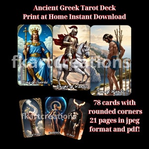 Instant download Grieks tarotdeck, ontdek oude wijsheid, Helleense harmonie. Een reis door Griekenland, mysteries onthullen, thuis afdrukken, doe-het-zelfkaarten