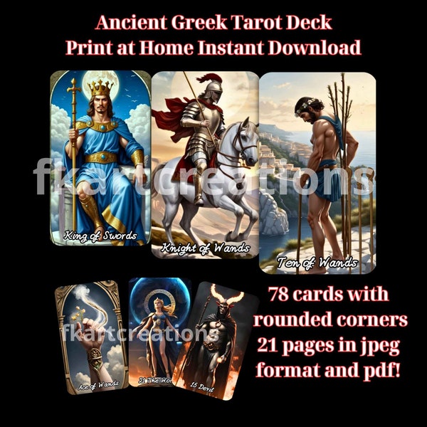 Instant Download Greek Tarot Deck,Explore Ancient Wisdom,Hellenic Harmony.A Journey through Greece,Unveil Mysteries,Print at Home,DIY cards