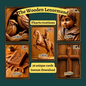 Instant download afdrukbare kaarten Het houten Lenormand-spel gebeeldhouwde visioenen van waarzeggerij, doe-het-zelf, thuis afdrukken, orakels, uniek cadeau