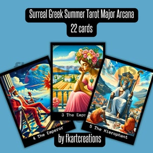 Descarga instantánea imprimible, baraja de tarot de verano griego surrealista, 22 cartas de arcanos mayores, impresión en casa, baraja única, lectores de tarot, oráculos