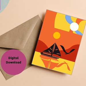 Digitaler Download Wunsch-Gruß-Karte für jeden Anlass Sofortiger Download & Druck zu Hause DIY Vorlage Umschlag Boho Stil Romantik Meer Sonnenuntergang