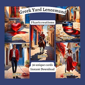 Cartões imprimíveis para download instantâneo, baralho Lenormand de quintal grego, arte inspirada em pintura a óleo, impressão em casa, cartões DIY, presente para leitores Lenormand