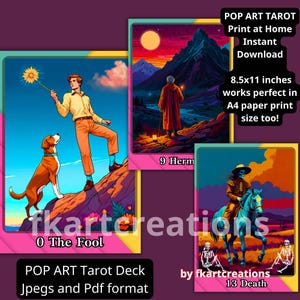 Jeu de tarots pop art, 78 cartes imprimables en téléchargement immédiat, cartes de tarot à faire soi-même avec modèle de boîte lecteurs de tarots pont personnalisé oracles art moderne unique