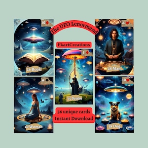 ¡Descarga instantánea de tarjetas imprimibles, cubierta Cosmic Dreams Lenormand! ¡Revelando secretos OVNI! Imprimir en casa, Oráculos, Lectores de Lenormand, Arte único, Regalo