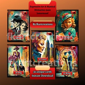 Direct downloaden en afdrukken, Lenormand-kaartendeck, expressieve kunst en mystieke waarzeggerij, geïnspireerd op vintage jaren 1940, VS, doe-het-zelf, afdrukbaar, 36 kaarten, Oracle