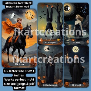 Jeu de tarot imprimable en téléchargement immédiat, thème artistique d'Halloween, 78 cartes, boîte de modèle incluse, oracles, lecteurs de tarot, fichiers numériques, jeu de cartes personnalisé