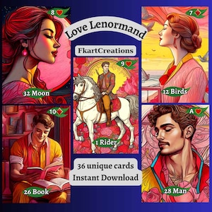 Instant download afdrukbare kaarten, The Love Lenormand Deck, romantisch roze gekleurde vintage kaarten Unieke schetsen, thuis afdrukken, doe-het-zelf, orakels
